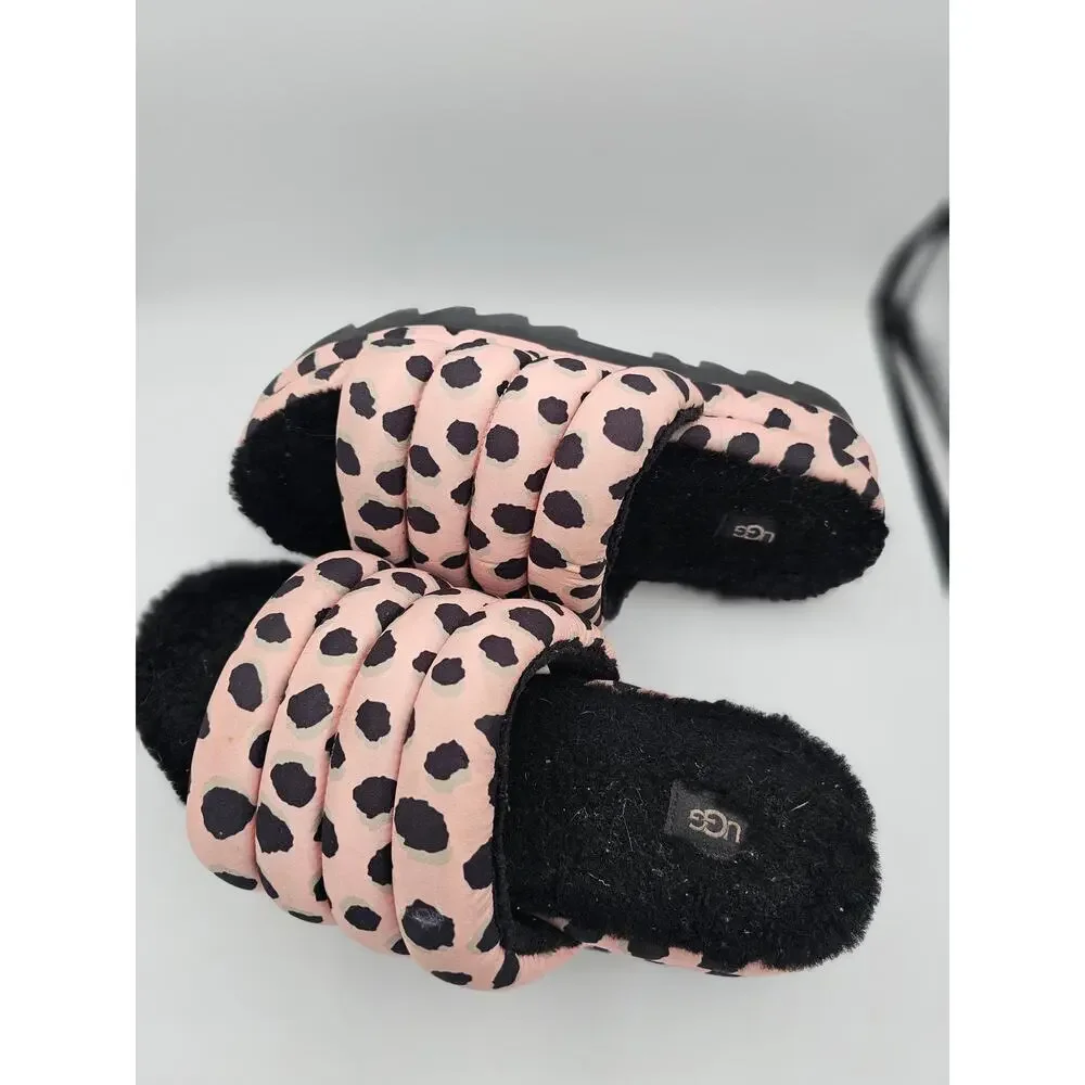 UGG Womens Maxi Slide Cheetah Print Pink Scallop With Faux Fur Size 10